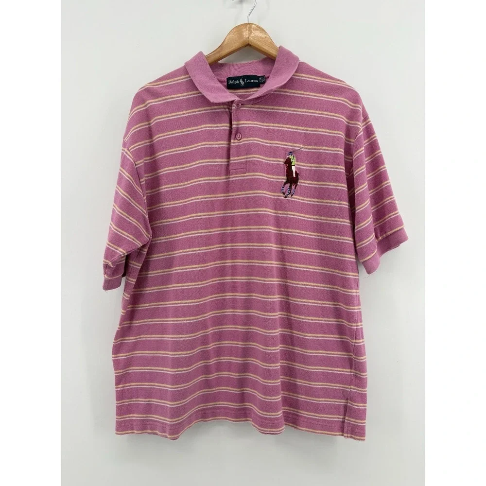 Ralph Lauren Polo Shirt Mens Pink Striped Embroidered Logo Short Sleeve‎ 2XL